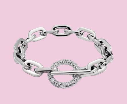 Bracciale Catena Rodio  con chiusura a T e zirconi - acciaio