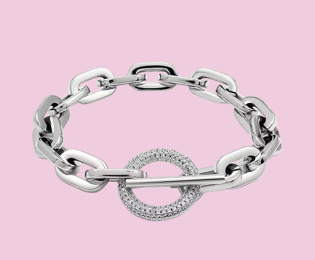 Bracciale Catena Rodio  con chiusura a T e zirconi - acciaio