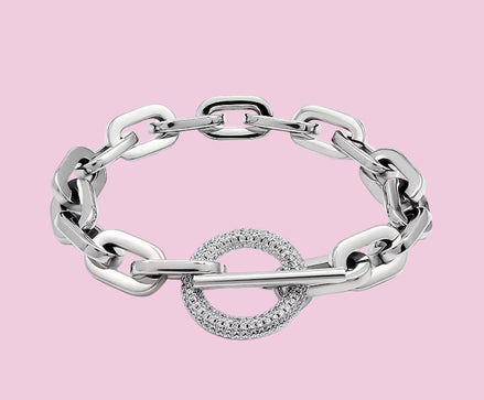 Bracciale Catena Rodio  con chiusura a T e zirconi - acciaio