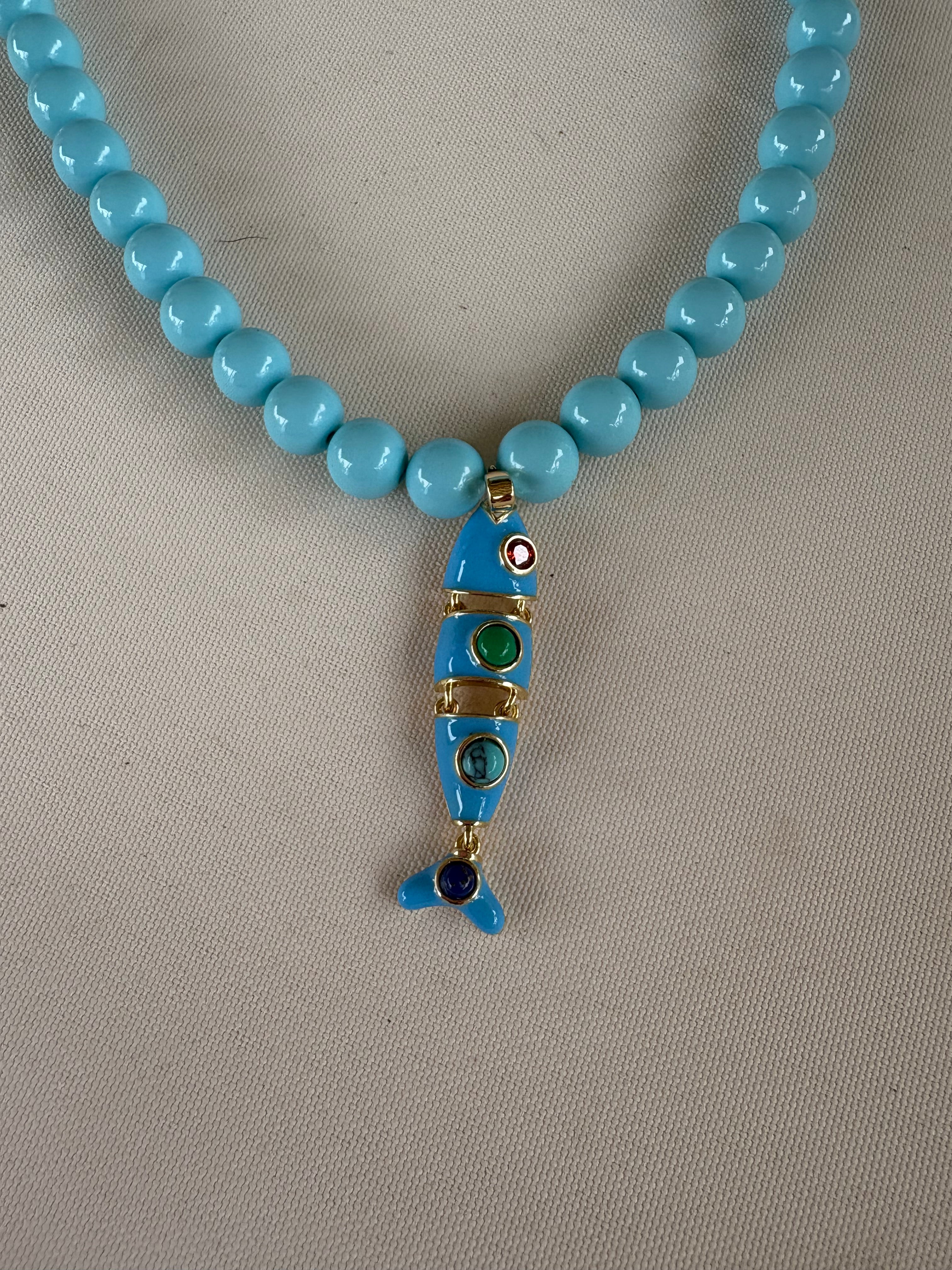 Collana OCEANO - Turchese  mm 8 - chiusura gioiello argento 925 - cm 45  pesce snodato smalto turchese