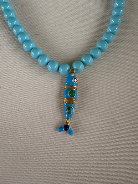 Collana OCEANO - Turchese  mm 8 - chiusura gioiello argento 925 - cm 45  pesce snodato smalto turchese