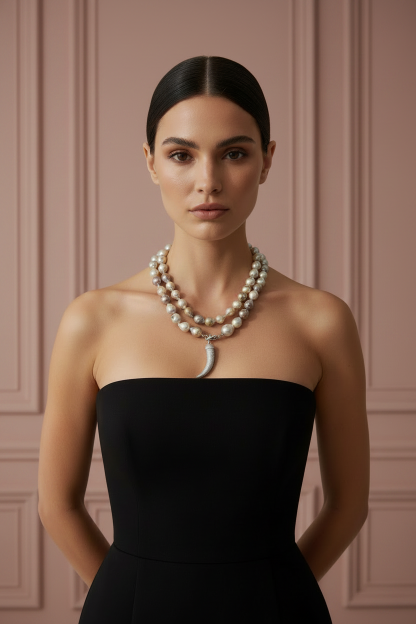 Collana TALISMANI con PERLE coltivate barocche - chiusura gioiello Argento 925 - cm 85 - con charms Corno