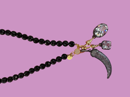 Collana TALISMANI - black - ONICE  mm 8 - chiusura gioiello argento 925 - cm 60 - 3 charms Corno e Luce