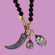 Collana TALISMANI - black - ONICE  mm 8 - chiusura gioiello argento 925 - cm 60 - 3 charms Corno e Luce