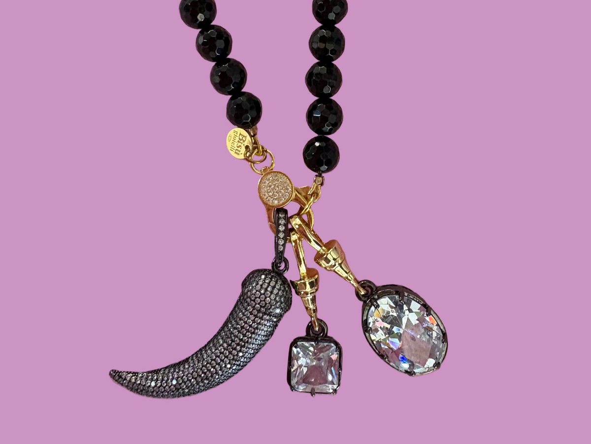 Collana TALISMANI - black - ONICE  mm 8 - chiusura gioiello argento 925 - cm 60 - 3 charms Corno e Luce