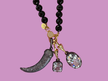 Collana TALISMANI - black - ONICE  mm 8 - chiusura gioiello argento 925 - cm 60 - 3 charms Corno e Luce