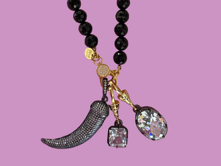 Collana TALISMANI - black - ONICE  mm 8 - chiusura gioiello argento 925 - cm 60 - 3 charms Corno e Luce (Copia)