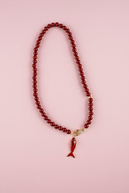 Collana MEDITERRANEA - Corallo rosso   mm 10 - chiusura gioiello argento 925 - cm 60 - pesce smalto rosso