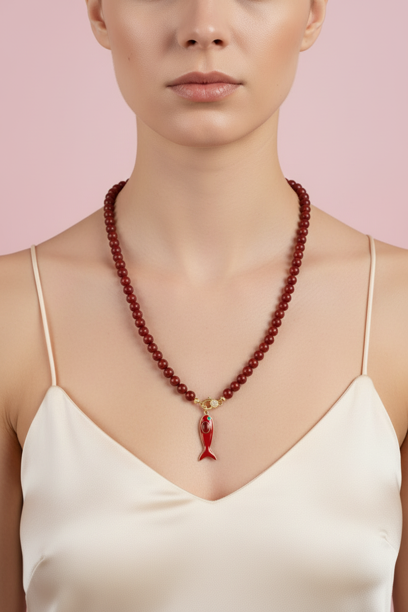 Collana MEDITERRANEA - Corallo rosso   mm 10 - chiusura gioiello argento 925 - cm 60 - pesce smalto rosso