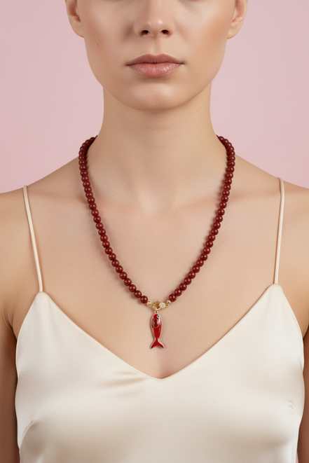 Collana MEDITERRANEA - Corallo rosso   mm 10 - chiusura gioiello argento 925 - cm 60 - pesce smalto rosso