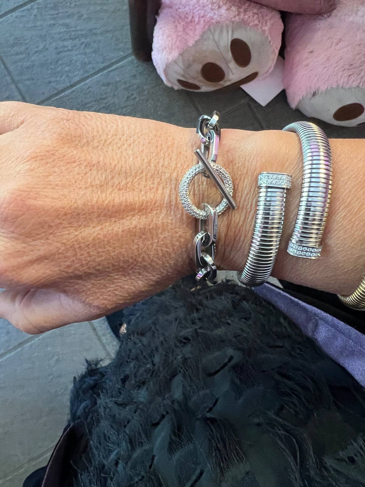 Bracciale Catena Rodio  con chiusura a T e zirconi - acciaio