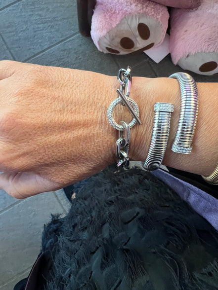Bracciale Catena Rodio  con chiusura a T e zirconi - acciaio