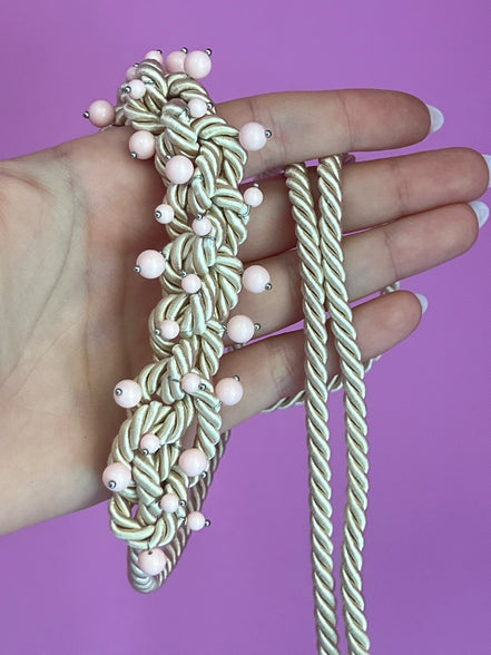 Choker / Collana Couture Collezione Intreccio in Seta Écru, Corallo Rosa e Argento 925