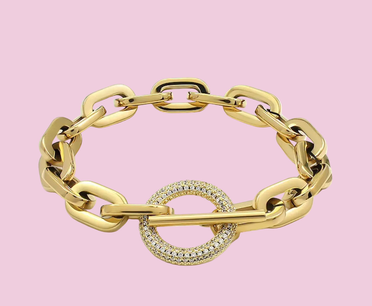 Bracciale Catena Gold con chiusura a T e zirconi - acciaio