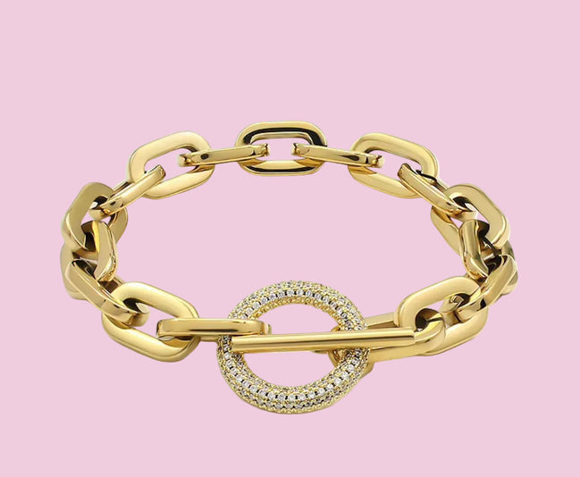 Bracciale Catena Gold con chiusura a T e zirconi - acciaio