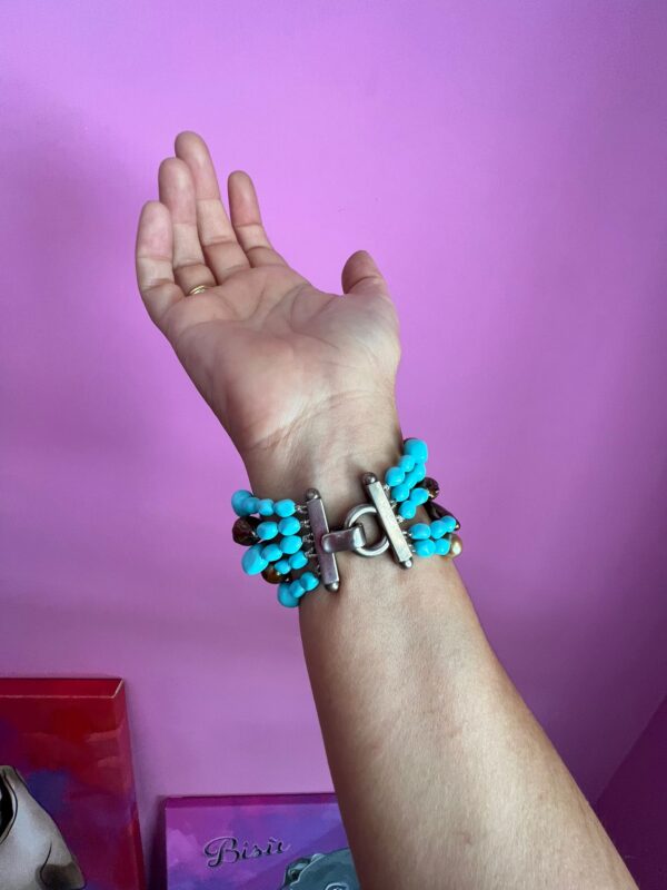 MAGNIFICO - Bracciale multifili - 5 file - turchese con perle piatte e barocche brown e gold