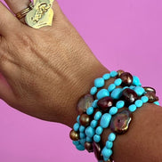MAGNIFICO - Bracciale multifili - 5 file - turchese con perle piatte e barocche brown e gold