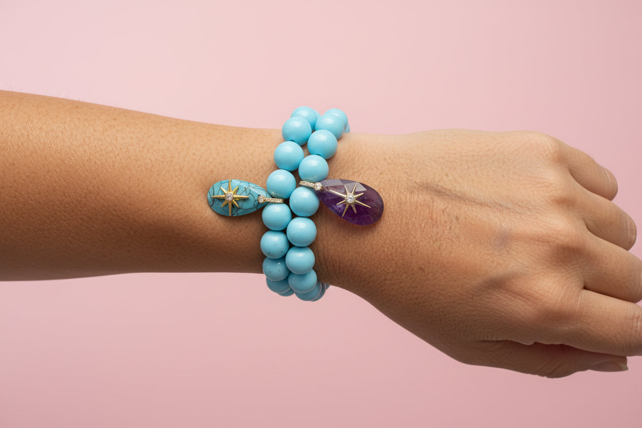 Bracciale Bisette - JAIPUR  OCEANO  turchese  con charm ametista stella