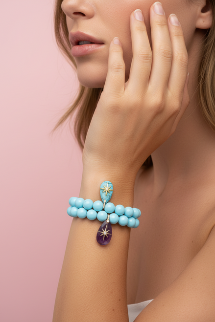 Bracciale Bisette - JAIPUR  OCEANO   turchese con charm agata rosa stella