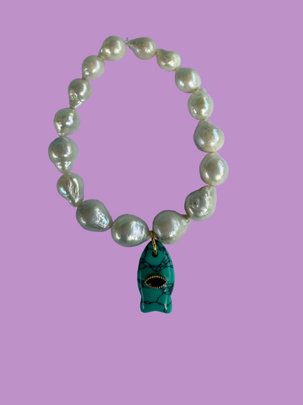 Bracciale Bisette - JAIPUR  OCEANO   Perle coltivate barocche   con charm pesciolino turchese ( con rubellite)