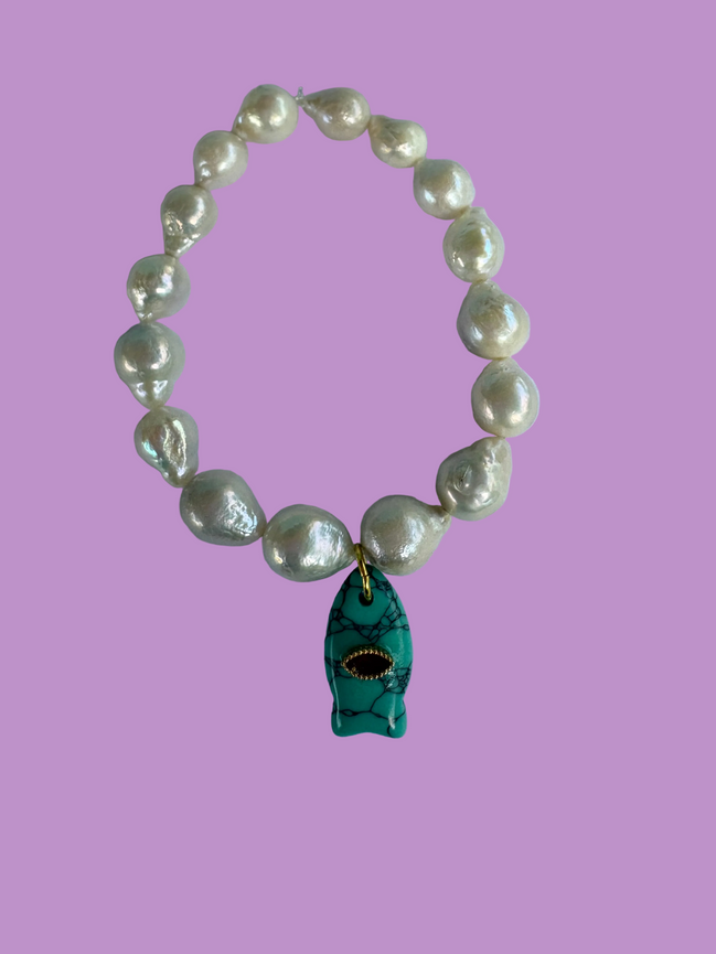 Bracciale Bisette - JAIPUR  OCEANO   Perle coltivate barocche   con charm pesciolino turchese ( con rubellite)
