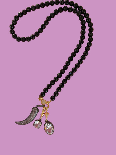 Collana TALISMANI - black - ONICE  mm 8 - chiusura gioiello argento 925 - cm 60 - 3 charms Corno e Luce