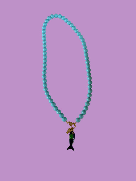 Collana OCEANO - Turchese  mm 10 - chiusura gioiello argento 925 - cm 60  pesce smalto blu