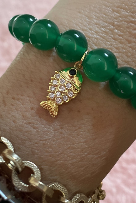 Bracciale Bisette - JAIPUR     Agata verde con charm pesciolino dorato