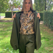 Wu Ming - Cardigan Bomber in velluto ciniglia nero e raso verde militare