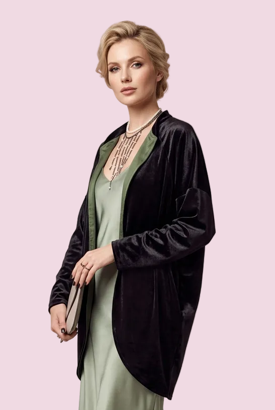 Wu Ming - Cardigan Bomber in velluto nero e raso verde militare