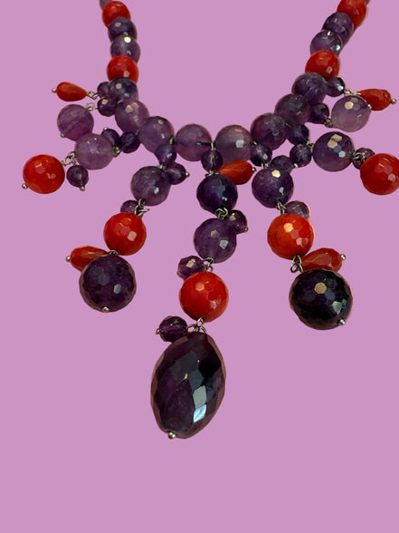 - TAKI Collier cascata con ametista e corallo rosso su  argento 925