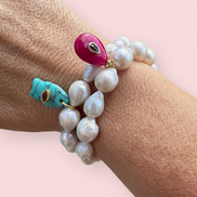Bracciale Bisette - JAIPUR  OCEANO   Perle coltivate barocche   con charm pesciolino turchese ( con rubellite)