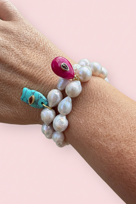 Bracciale Bisette - JAIPUR  OCEANO   Perle coltivate barocche   con charm pesciolino turchese ( con rubellite)