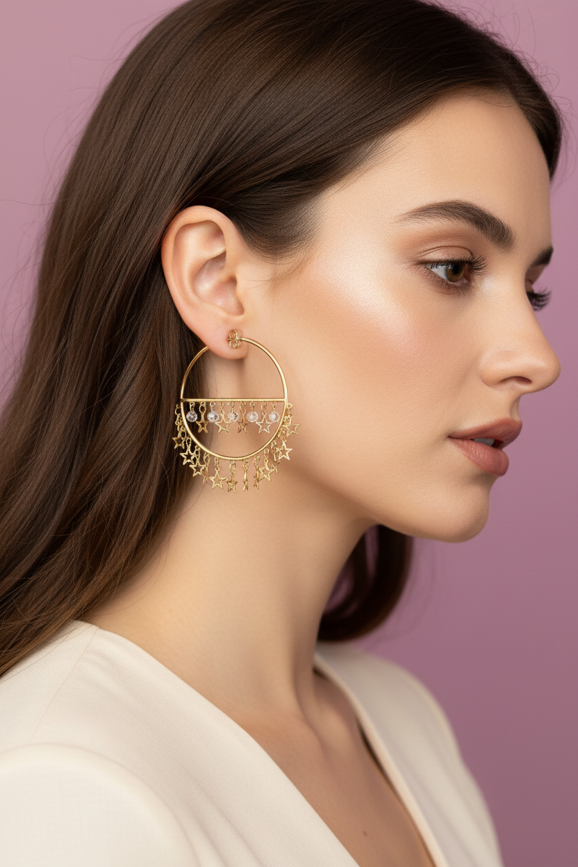 Orecchini - anelle argento 925 con zirconi e stelle pendenti in tre placcature