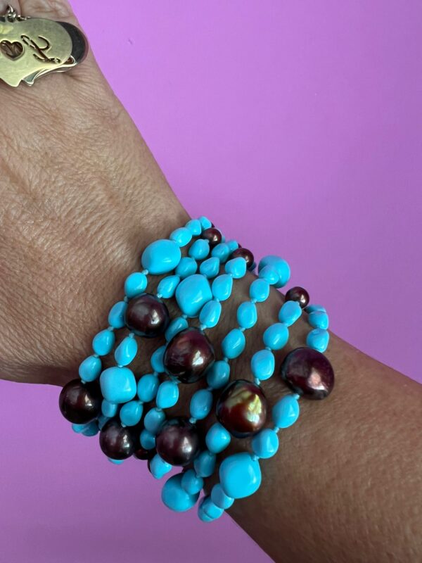 MAGNIFICO Bracciale multifili - 7 file - turchese e perle brown semiround e barocche