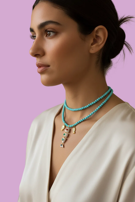 Collana POISSONS - turchese mm 4 - chiusura argento 925 -  pesciolini