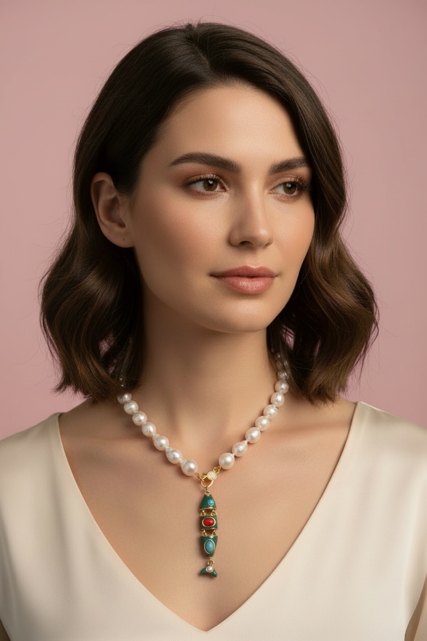 Collana OCEANO - PERLE coltivate barocche - chiusura gioiello argento 925 - cm 40- con charm pesce