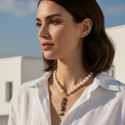 Collana OCEANO - PERLE coltivate barocche - chiusura gioiello argento 925 - cm 40- con charm pesce