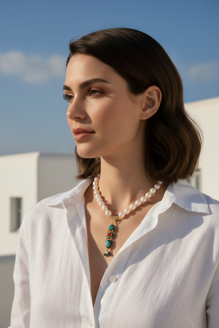 Collana OCEANO - PERLE coltivate barocche - chiusura gioiello argento 925 - cm 40- con charm pesce