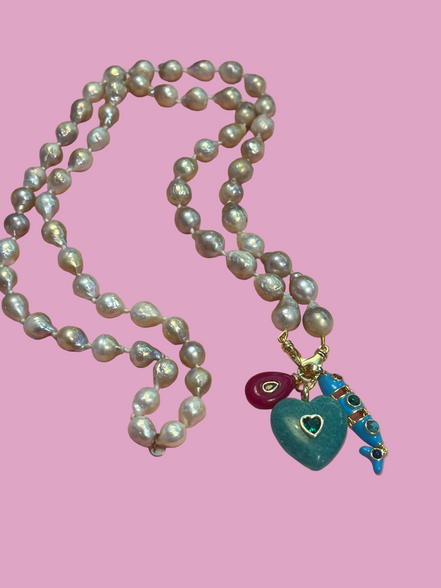 JAIPUR  - Collana sautoir perle barocche e argento 925 doppio moschettone e charms