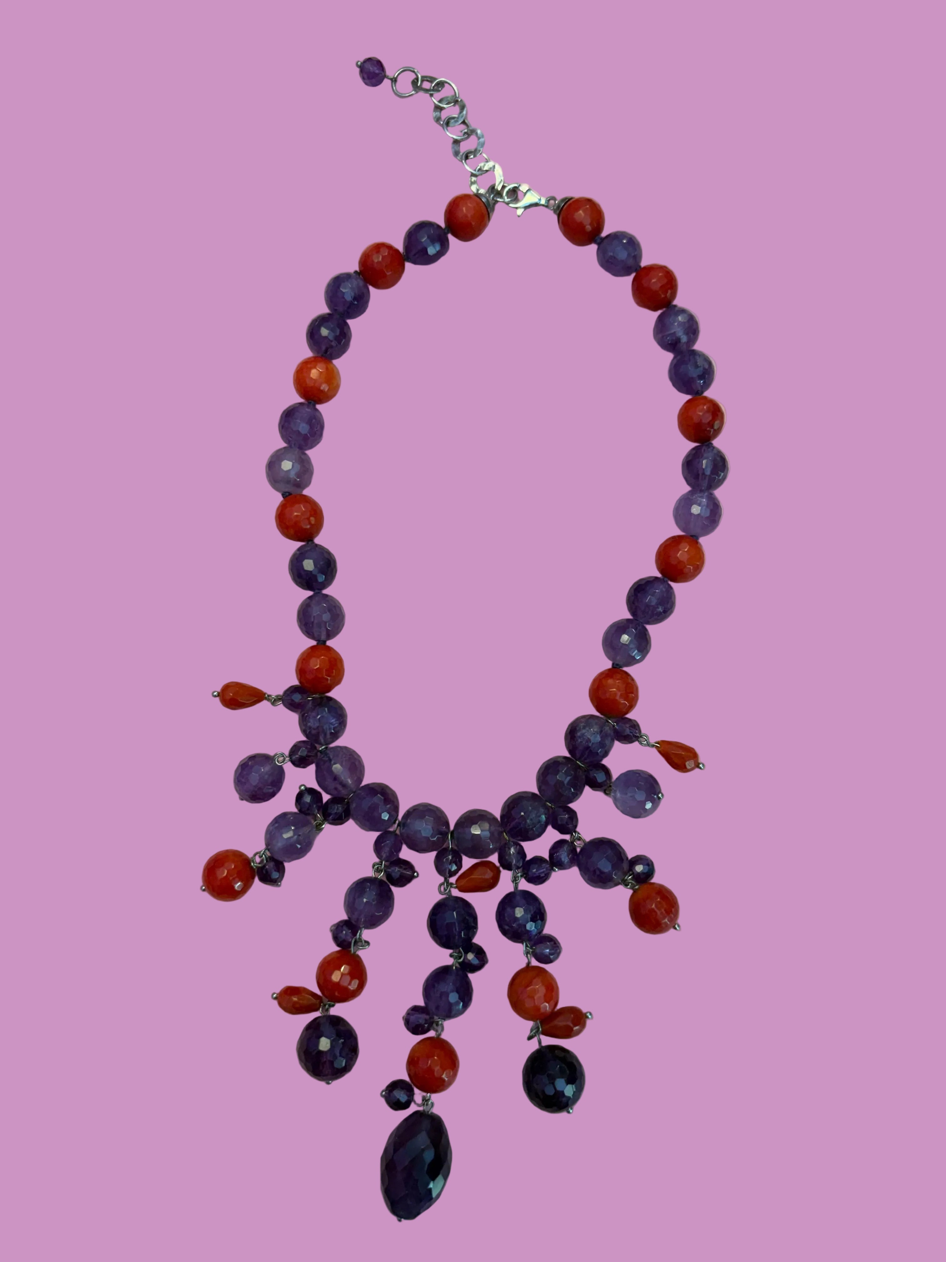 - TAKI Collier cascata con ametista e corallo rosso su  argento 925