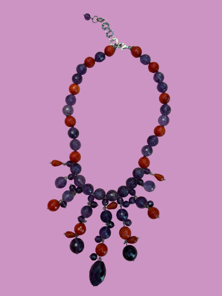- TAKI Collier cascata con ametista e corallo rosso su  argento 925