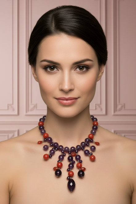 - TAKI Collier cascata con ametista e corallo rosso su  argento 925