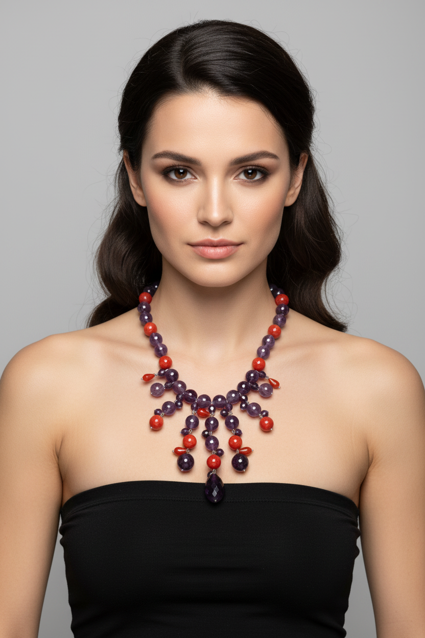 - TAKI Collier cascata con ametista e corallo rosso su  argento 925
