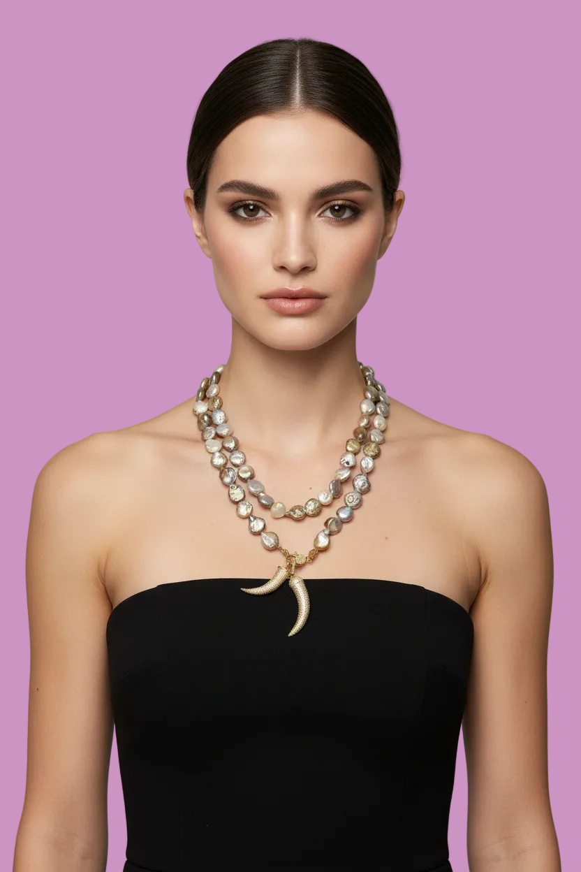 Collana TALISMANI con PERLE coltivate pastiglia barocche - chiusura gioiello Argento 925 - cm 85 - con charms Corni