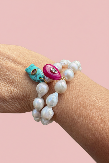 Bracciale Bisette - JAIPUR  OCEANO   Perle coltivate barocche   con charm pesciolino turchese ( con rubellite)