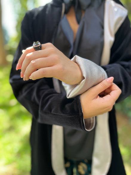 Wu Ming - Cardigan bomber in velluto ciniglia nero e raso jap greige