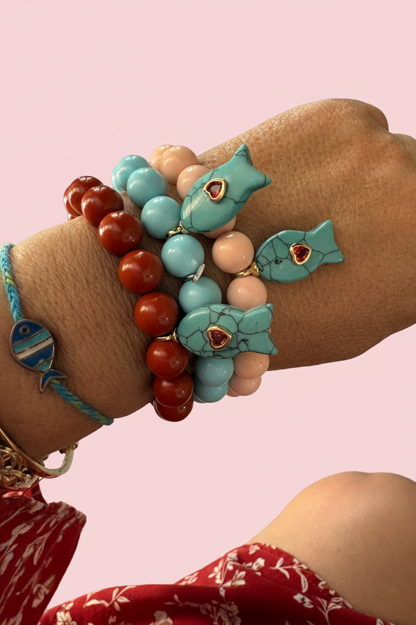 Bracciale Bisette - JAIPUR  OCEANO   turchese  con charm pesciolino turchese (cuore rubellite)