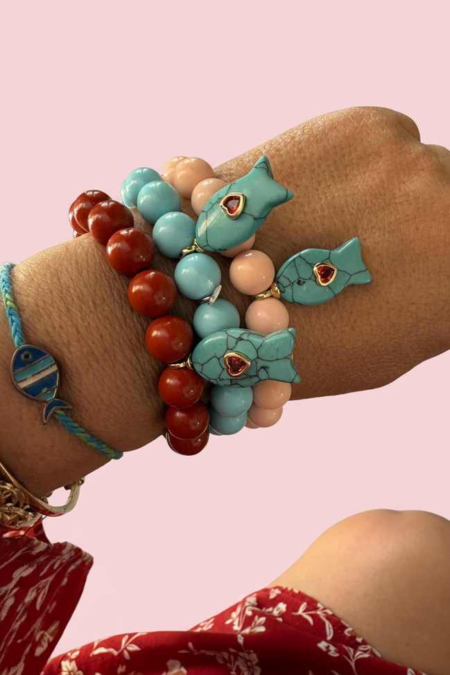 Bracciale Bisette - JAIPUR  OCEANO   turchese  con charm pesciolino turchese (cuore rubellite)