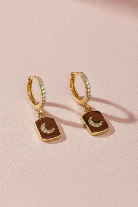 orecchini Moon - Hoop  con pendente luna  zirconi argento 925 gold